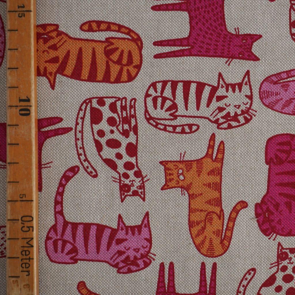 Dekostoff Halbpanama Katzen pink orange auf beige